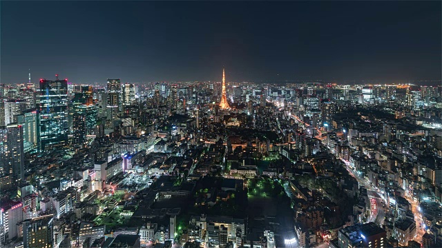 东京，日本，时光流逝-东京的天际线从晚上从森博物馆广角视频素材