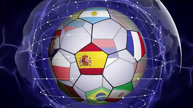 足球和世界旗帜在蓝色抽象粒子环，放大\缩小，动画，背景，循环视频下载