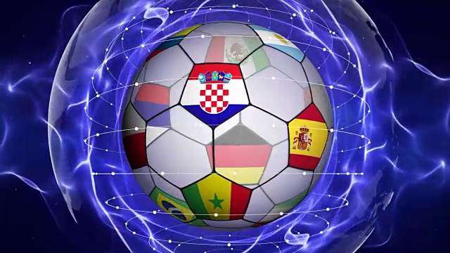 足球和世界旗帜在蓝色抽象粒子环，动画，背景，循环视频素材
