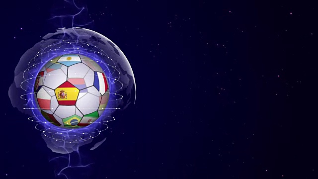 足球和世界旗帜在蓝色抽象粒子环，动画，背景，循环视频素材
