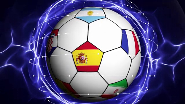 足球和世界旗帜在蓝色抽象粒子环，放大\缩小，动画，背景，循环视频素材