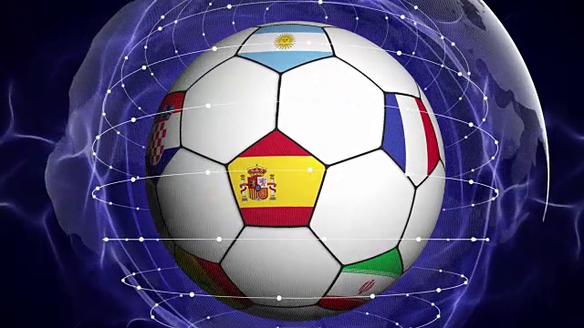 足球和世界旗帜在蓝色抽象粒子环，放大\缩小，动画，背景，循环视频素材