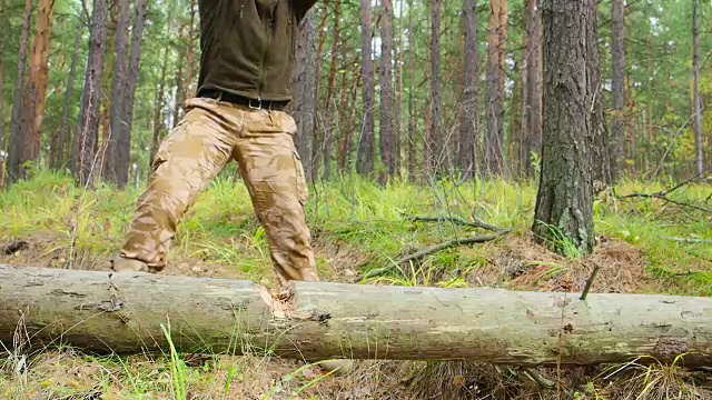 伐木工人在森林里用大斧头砍倒一棵树，砍下许多木屑。强壮健康的成年肌肉男与大的肌肉与大斧头户外工作视频素材