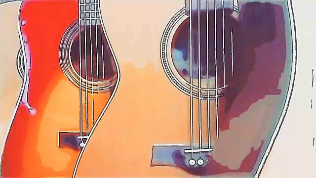 多莉拍摄的古典吉他挂在墙上，水彩效果视频下载