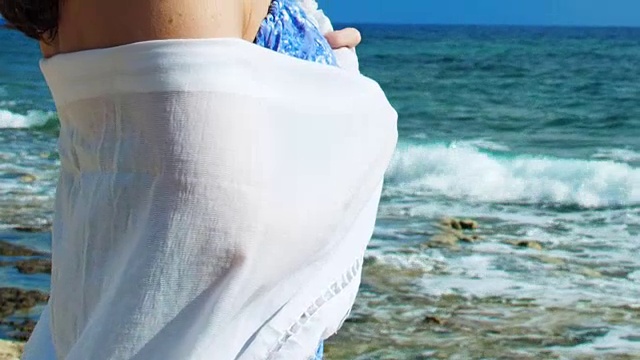 美女在阳光明媚的日子享受美丽的海景，暑假，放松视频下载