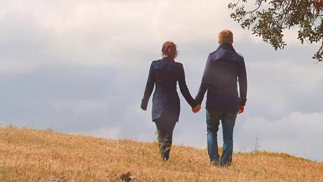 美丽的情侣手牵着手，一起走在山上，秋日户外视频素材