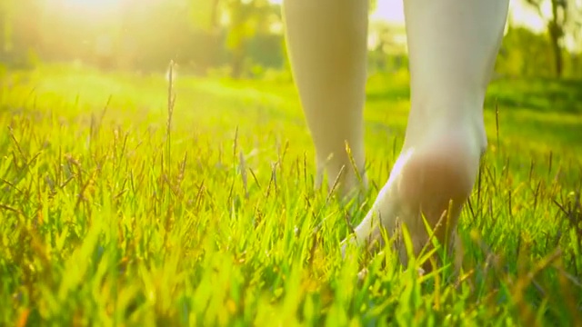 夏天的时候，女人的脚走在草地上视频素材