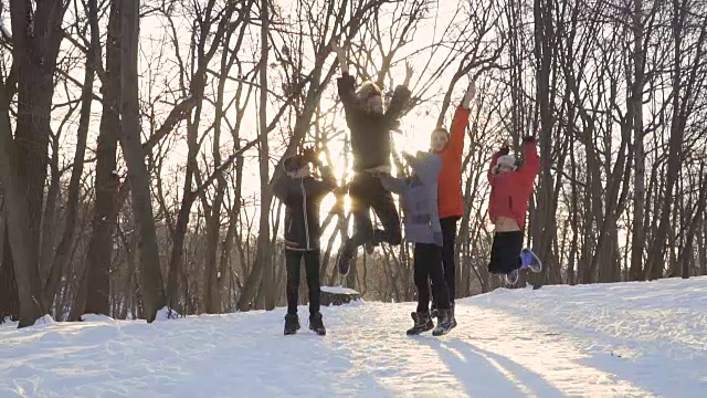 在冬季公园的背景中，母亲和儿子们在慢镜头中跳跃视频下载
