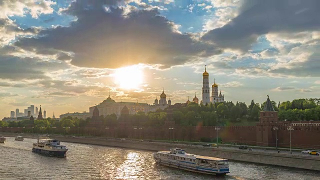 莫斯科城市天际线日落时间流逝在克里姆林宫宫殿红场和莫斯科河，莫斯科俄罗斯4K时间流逝视频素材