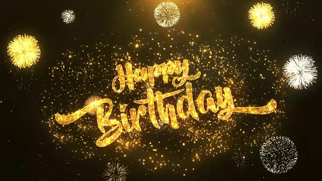 快乐的生日贺卡文本揭示从金色的烟花和烟花在闪闪发光的魔法粒子火花之夜庆祝，祝愿，事件，信息，节日，节日视频下载