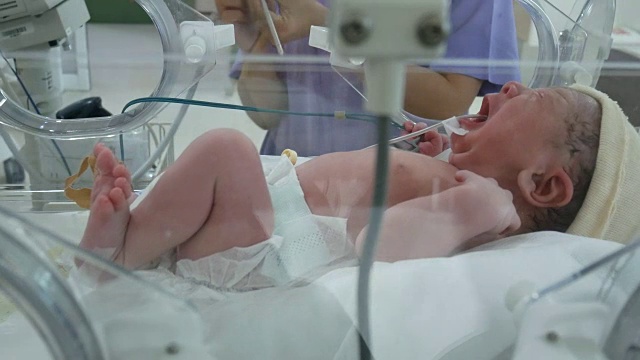 新生儿分娩后在育婴室测量体温视频素材