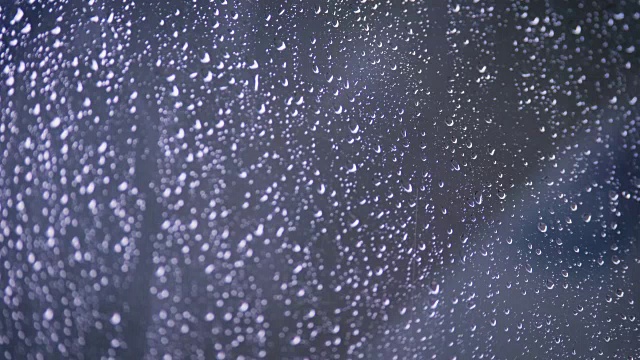 水滴落在玻璃窗上，雨滴纹理背景视频素材