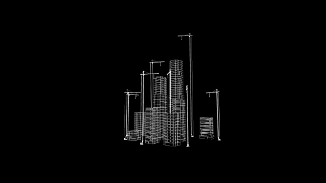 飞越成长中的城市。美丽的3d蓝图的当代建筑与起重机。黑白3d动画。建筑商业与技术概念，4k超高清3840x2160。视频下载