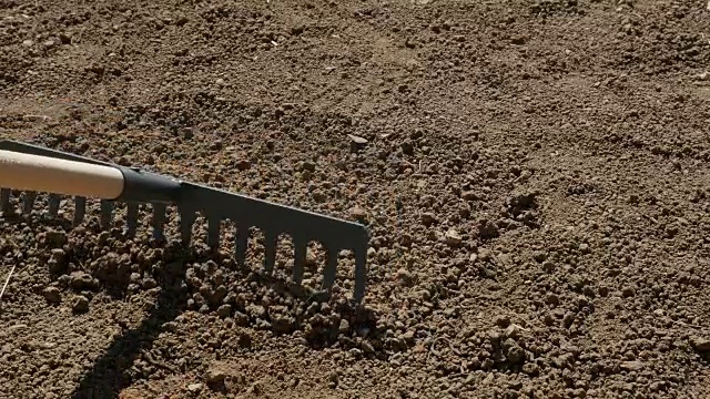 慢动作使用除草耙分级土壤花园户外活动视频素材