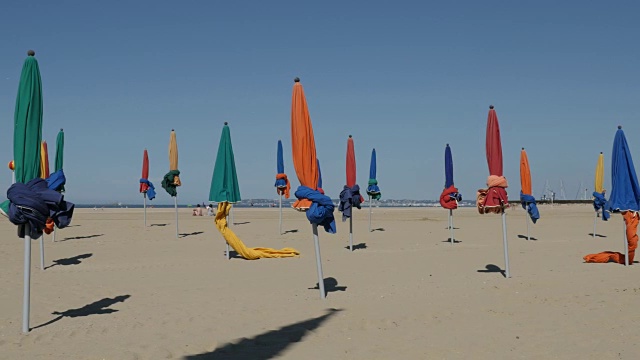 著名的电影节城市海滩用五颜六色的遮阳伞遮阳，由天慢速平移镜头视频下载