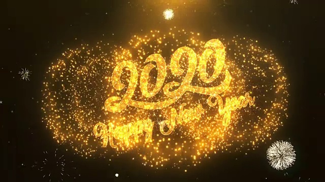 2020年快乐新年贺卡文字揭示从金色烟花和烟花闪烁魔术粒子火花之夜庆祝，祝愿，事件，信息，节日，节日视频下载