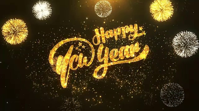 快乐新年贺卡文字揭示从金色烟花和烟花闪烁魔术粒子火花之夜庆祝，祝愿，事件，信息，节日，节日视频下载