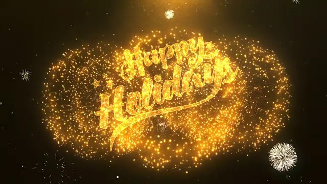 快乐的节日快乐的节日贺卡文字揭示从金色的烟花和爆竹在闪光闪亮的魔术粒子火花之夜庆祝，祝愿，事件，消息，节日，节日视频下载