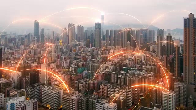 香港城市鸟瞰图的网络连接概念视频素材