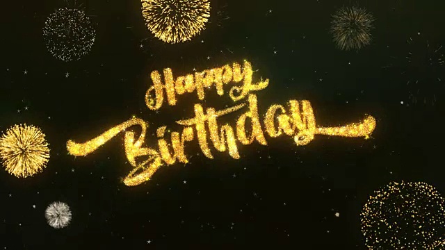 快乐的生日问候和祝愿卡由闪光粒子和火花灯黑暗夜空与彩色烟花4k背景。视频下载