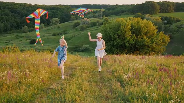 一位年轻的母亲带着一个扎着两条辫子的女孩在大自然中休息，玩着空中风筝视频素材