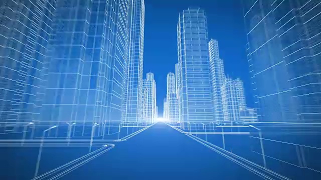 极端快速移动通过现代城市数字3d蓝图。奔向光明。施工与技术概念。蓝色3d动画。4k超高清3840x2160。视频下载