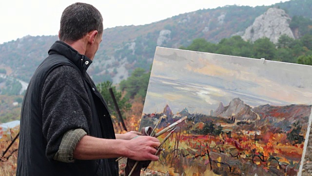 职业艺术家用油画颜料在画布上作画视频下载