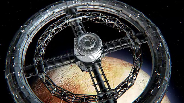 冥王星背景上的圆形空间站视频素材