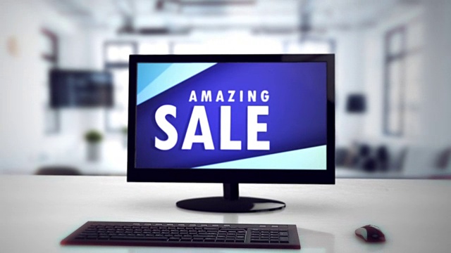电脑显示器上刻有“大减价”字样。大销售，热门销售，最好的价格，低价，折扣视频下载