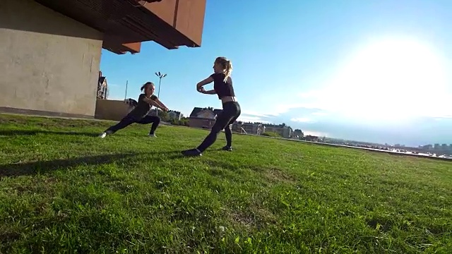 夏日日落时分，快乐的年轻女子在草地上锻炼视频下载