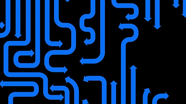 迷宫的蓝色箭头在黑色背景，无缝循环，CG动画视频下载