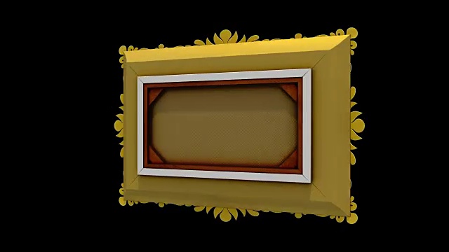 快速旋转的金色相框上的黑色背景。3D动画与电视噪音和绿色屏幕，无缝循环。视频素材