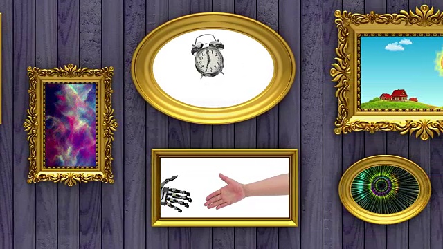 图片画廊，3d动画在紫色的木材背景视频素材