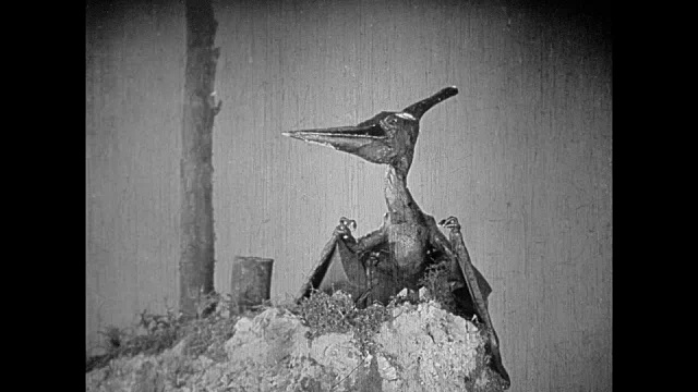 1925年，定格黏土翼手龙在着陆吃猎物前飞进镜头视频素材
