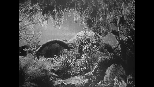 1925年，震惊的探险家观察到平静的以植物为食的异特龙视频素材