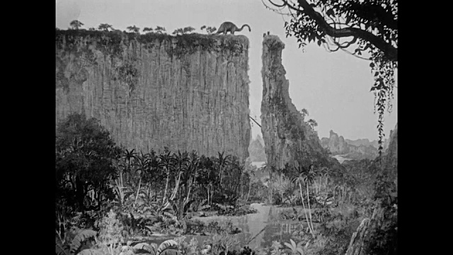 1925年，焦虑的探险家看着定格恐龙摧毁树桥视频素材