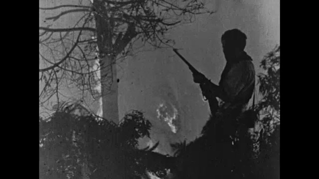 1925年，人类和恐龙在火山爆发的浓烟和火焰中迷失了方向视频素材