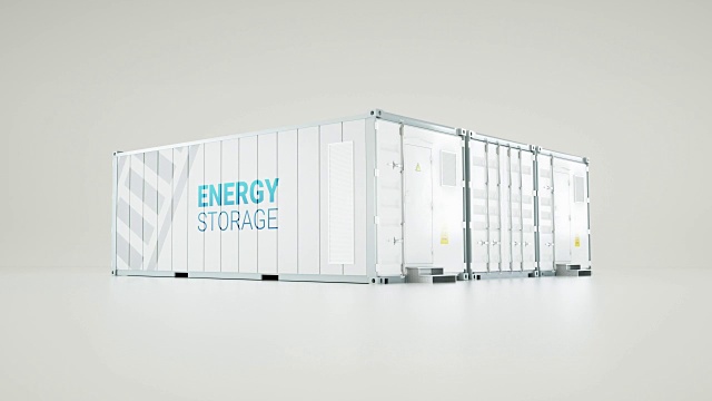 工业集装箱制造的大容量蓄电池储能设施。3 d渲染。视频素材