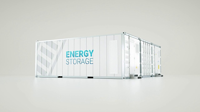 工业集装箱制造的大容量蓄电池储能设施。3 d渲染。视频素材