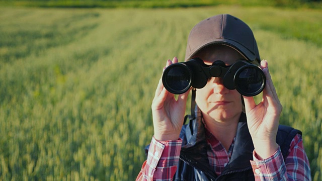 一个女人用双筒望远镜看。站在无尽的绿色田野里。后视视频下载