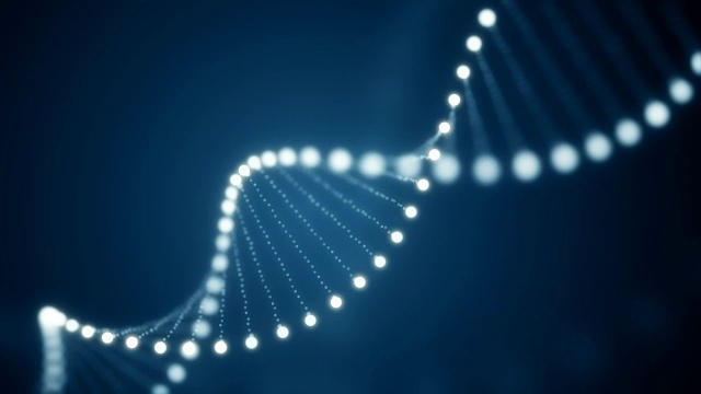在蓝色背景下发光分子旋转DNA中的粒子构造视频素材