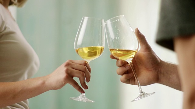 特写，男人和女人用白葡萄酒敬酒视频素材