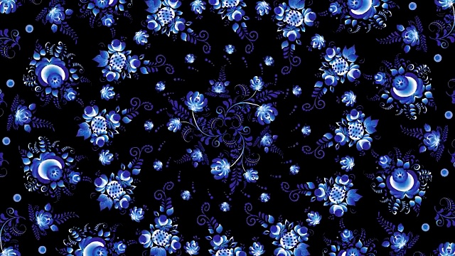 俄罗斯Khokhloma的动画。khokhroma俄罗斯的亮蓝色花在黑色的背景视频素材