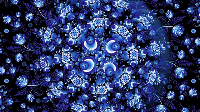 俄罗斯Khokhloma的动画。khokhroma俄罗斯的亮蓝色花在黑色的背景视频素材