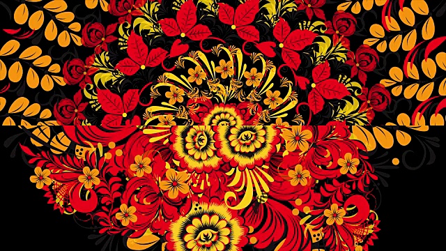 陶器画的khokhroma俄罗斯明亮的红色花朵和浆果在黑色的背景。黑色背景上的红色科赫罗玛视频素材