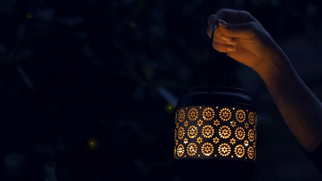 女性手握灯笼，晚上有神奇的萤火虫灯。视频素材