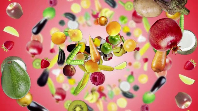 下落的水果和蔬菜环形背景，循环，阿尔法通道视频素材