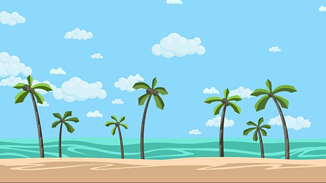 阳光明媚的海滩，棕榈树和多云的天空。动画背景。平面动画。视频下载