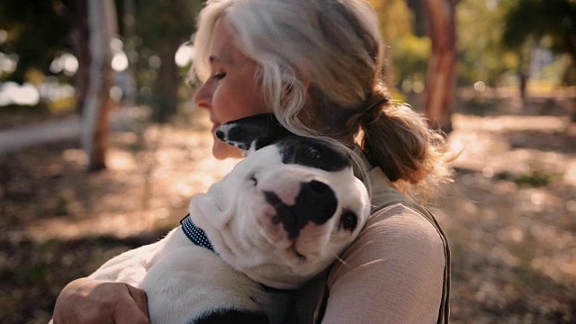 微笑的老年妇女拥抱宠物狗在公园的秋天视频素材