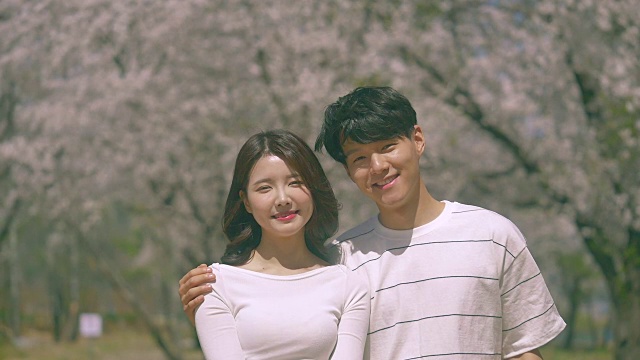 韩国男人和女人在樱花树下微笑视频下载